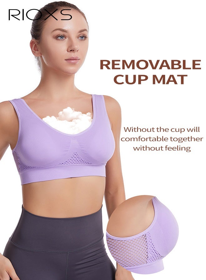 RIOXS Women's Sports Bra, Wireless Breathable Hollow Out Mesh Lingerie for Ladies, Soild Color Seamless Padded Yoga Fitness Bra, Everyday Bras Comfortable Underwear for Sport or Daily Wear, Purple - Image 3